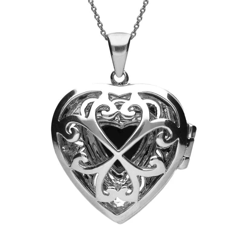 Sterling Silver Whitby Jet Marcasite Large Heart Locket Necklace