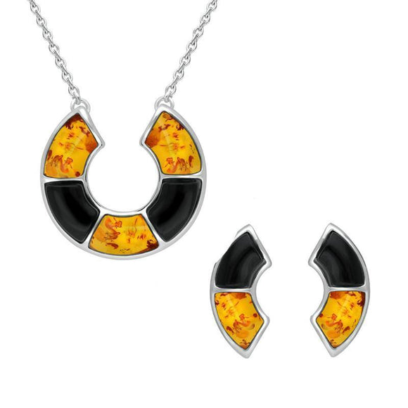 STERLING SILVER WHITBY JET AMBER CURVED STONE TWO PIECE SET