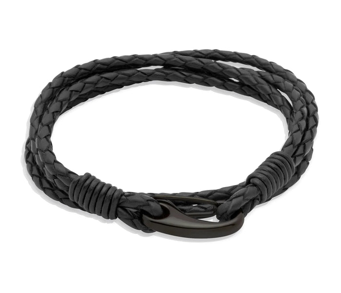 Unique & Co Stainless Steel Black Leather Wrap Bracelet