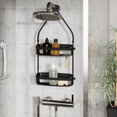 Umbra Cubiko Two Shelf Shower Caddy, Black, Size: 12.25 x 4.25 x 24