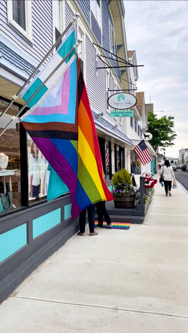 Pride Progress Flag Flying outside of Stefanie Wolf Designs Shop in Oak Bluffs on Martha's Vineyard