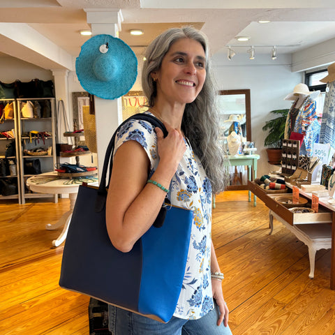 Stefanie Wolf with Recycled Leather Tote in Blue by Soruka