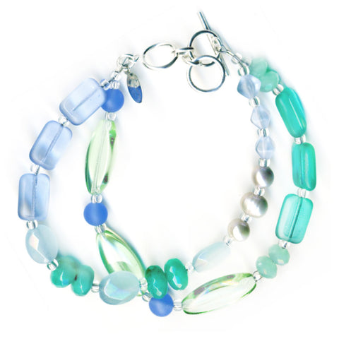 Mixed Material Seaglass Inspired 2-Strand Handmade Beaded Bracelet