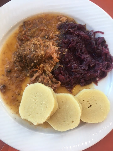 Roast pork with dumplings and cabbage (pečené vepřové s knedlíky a se zelím, colloquially vepřo-knedlo-zelo) is often considered the most typical Czech dish.