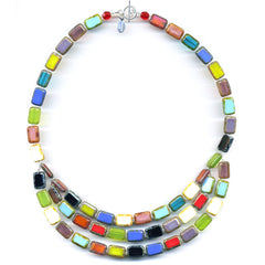 Three strand glass beaded necklace in rainbow colors, rectangle tile beads