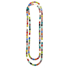 Long beaded necklace with rainbow colored glass beads