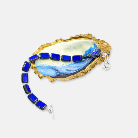 Ocean Oyster Shell Jewelry Dish with Blue Bracelet
