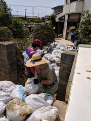 volunteers move dirt bags out of house