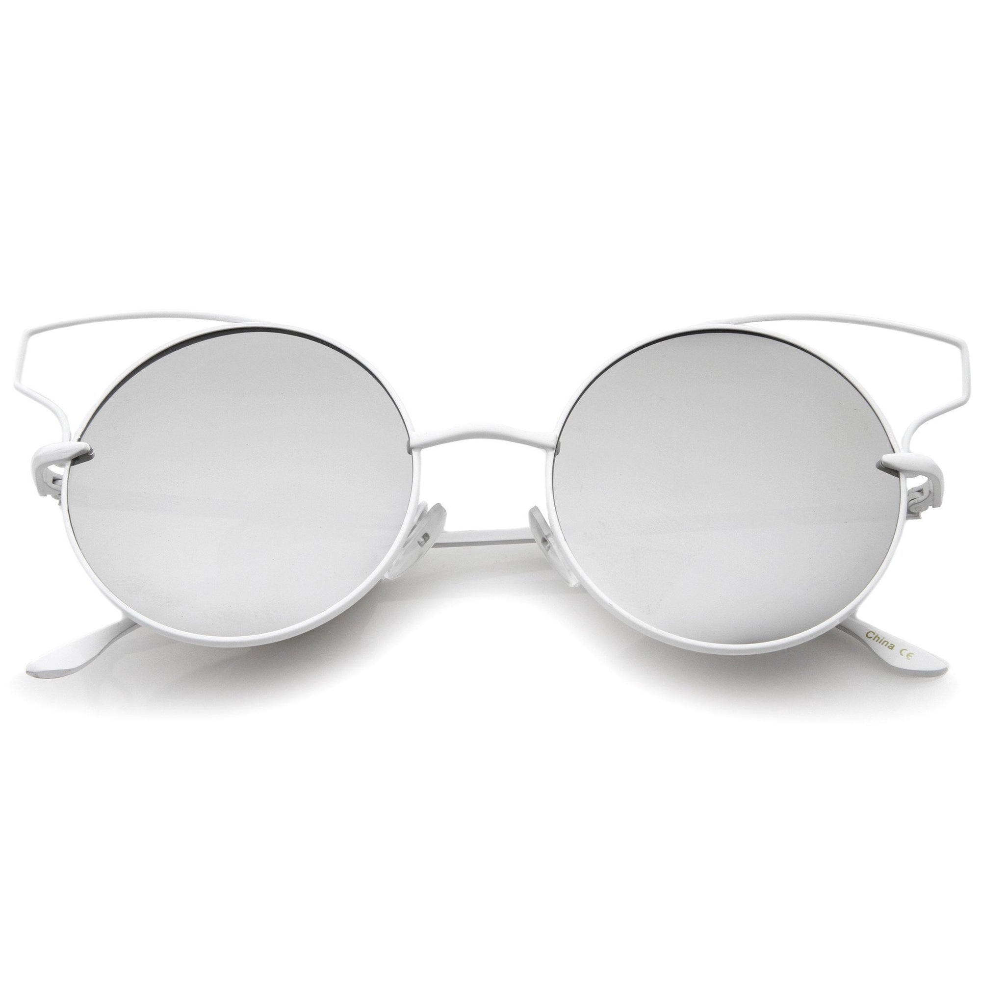 Wire Flare Round Cat Eye Mirrored Lens Sunglasses - zeroUV