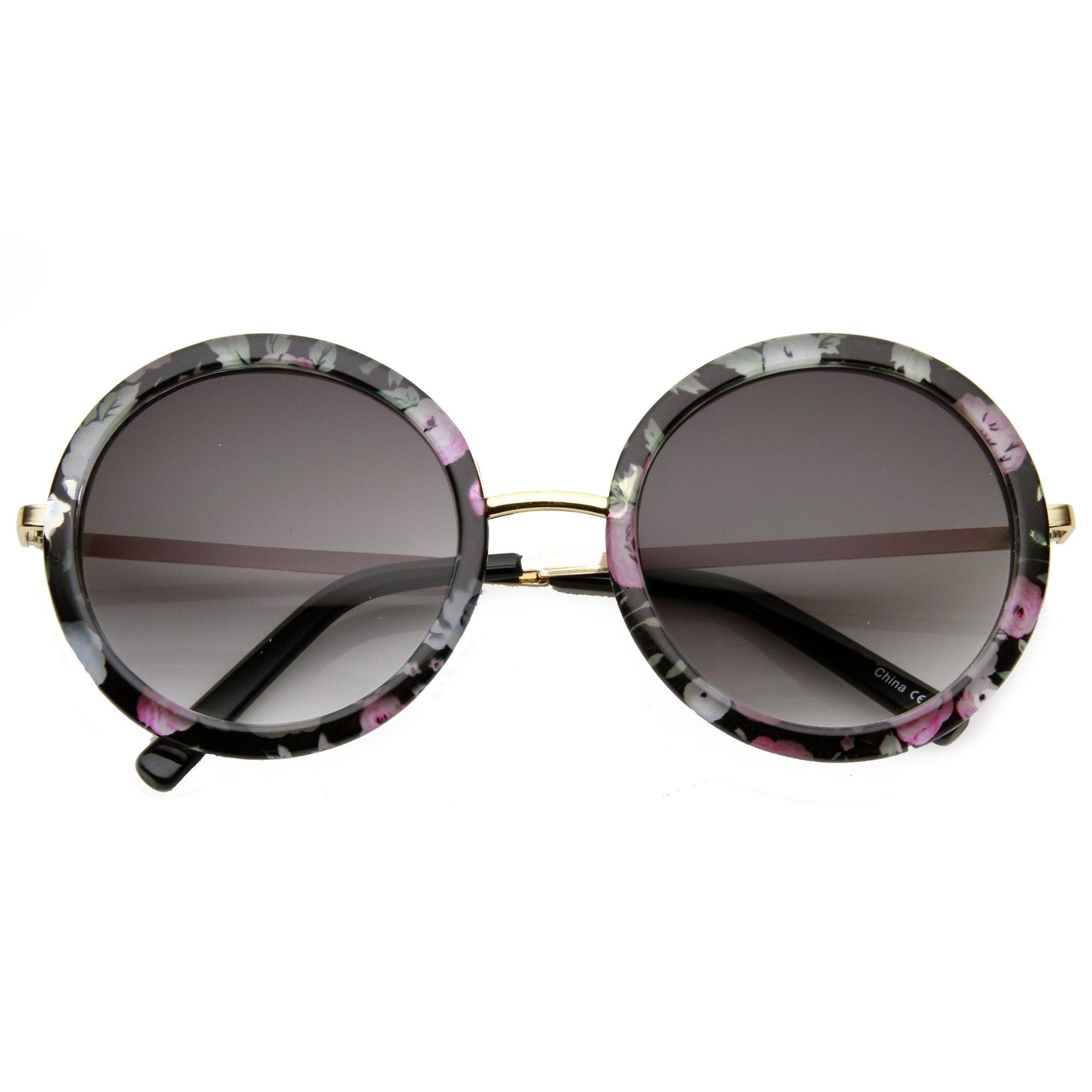 Women's Hippie Flower Floral Print Round Sunglasses - zeroUV