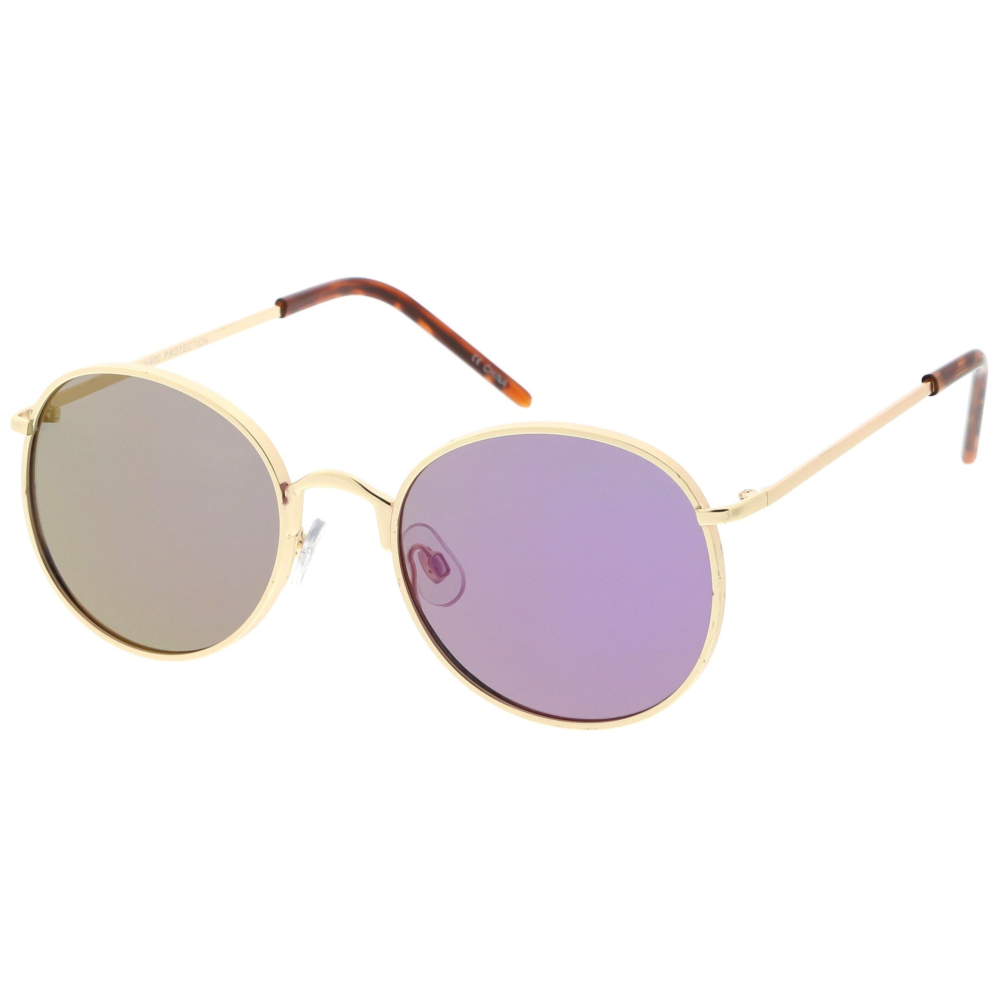 Retro Flash Mirrored Round Flat Lens Metal Sunglasses Zerouv 