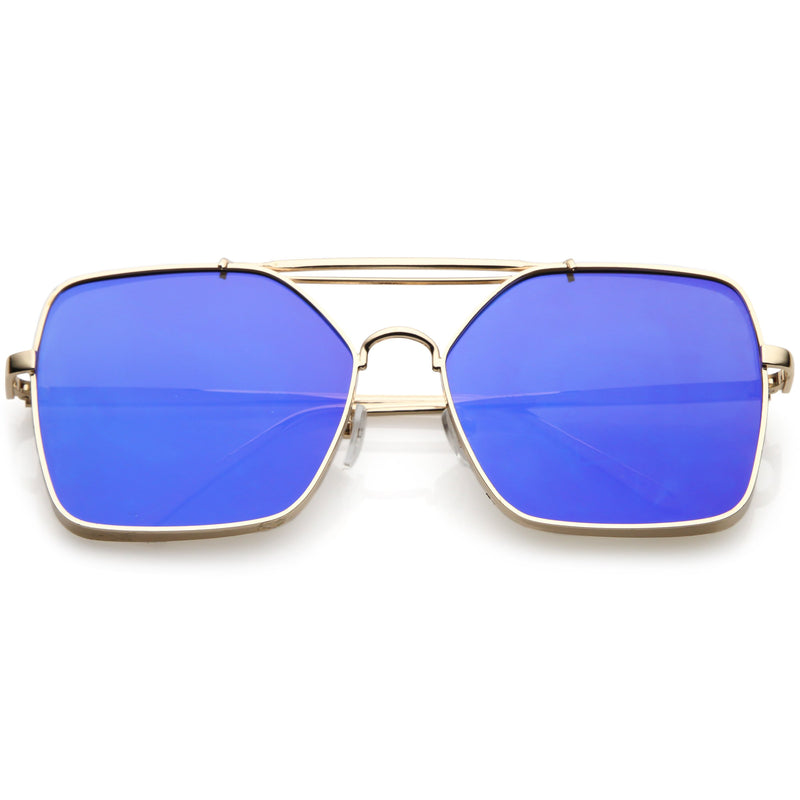 Oversize Reinforced Metal Mirrored Flat Lens Aviator Sunglasses Zerouv 