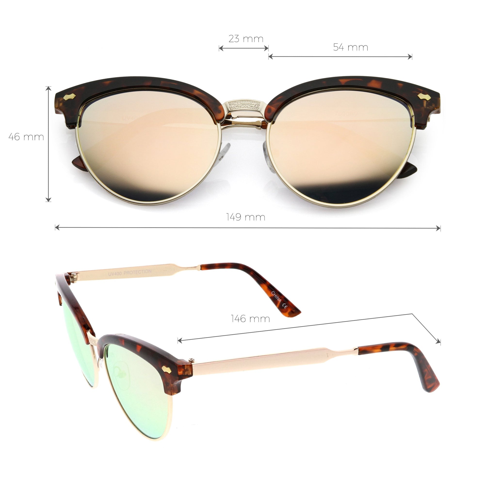 Women's Retro Half Frame Horned Rim Mirrored Lens Sunglasses - zeroUV