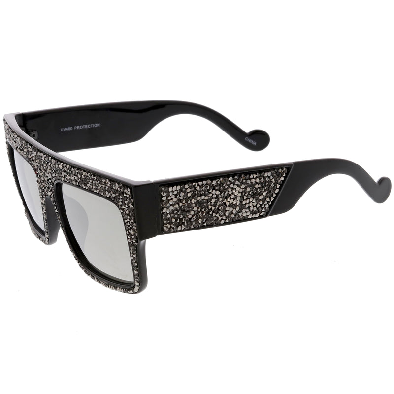 Women's Crystal Rhinestone Flat Top Mirrored Lens Sunglasses - zeroUV