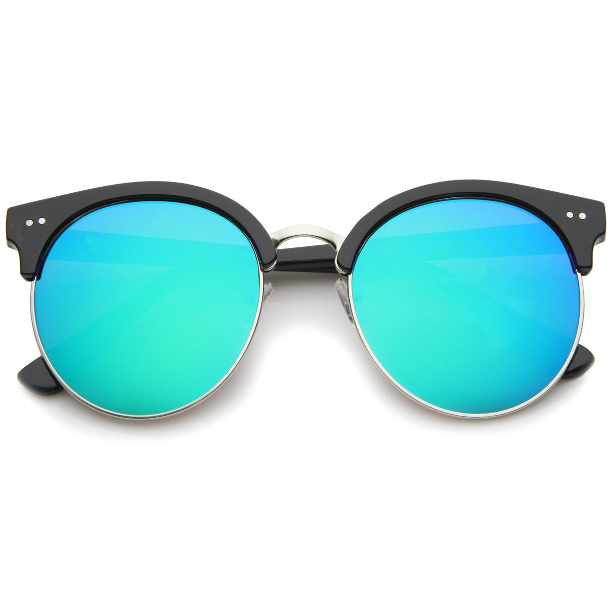 Flat Lens Oversize Round Half Frame Cat Eye Sunglasses - zeroUV