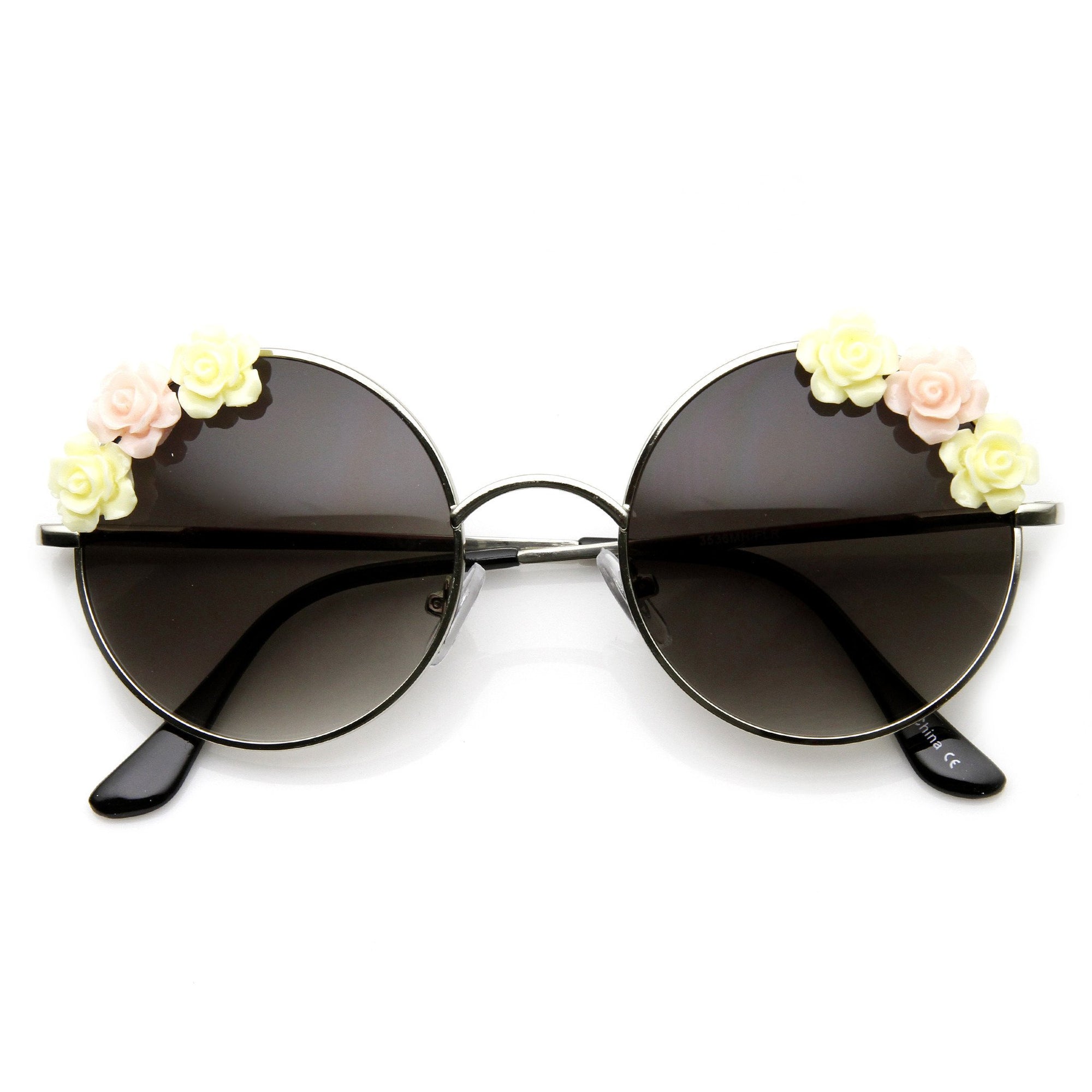 Flower Adorned Womens Hippie Floral Round Sunglasses - zeroUV