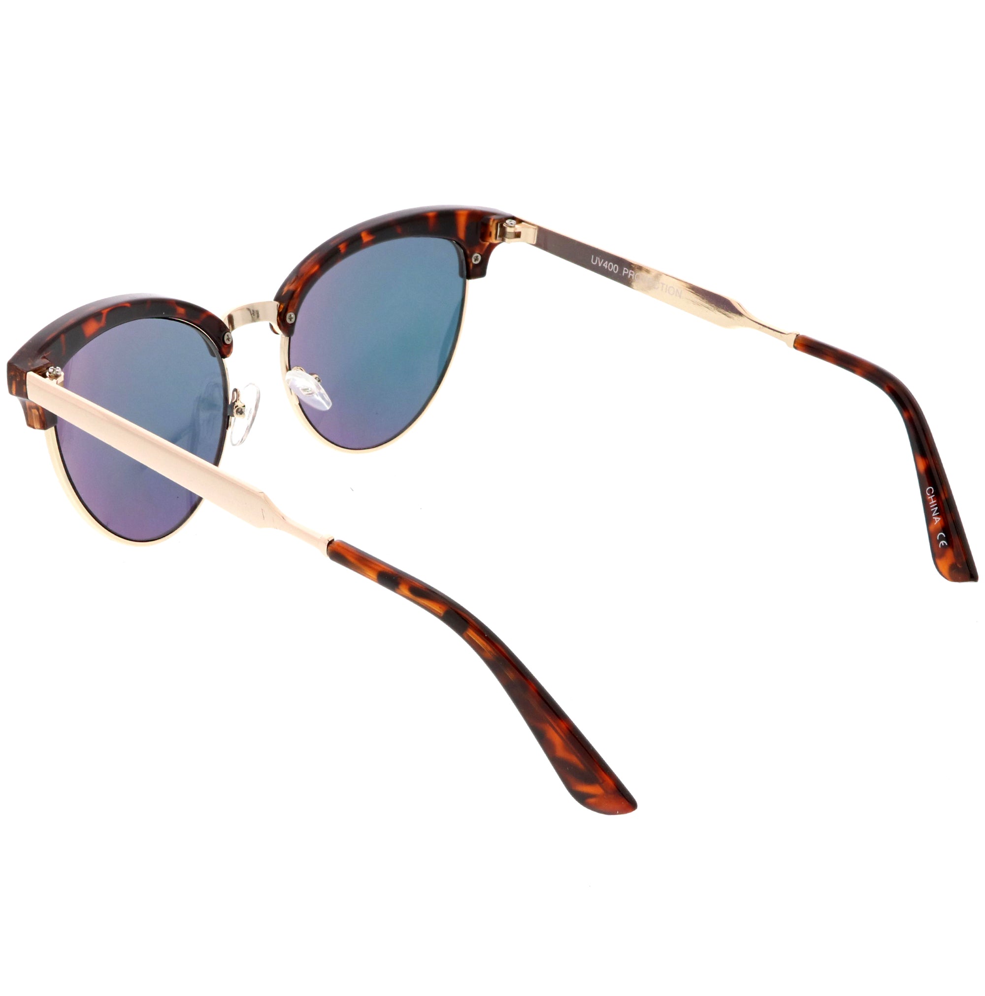 Womens Retro Half Frame Horned Rim Mirrored Lens Sunglasses Zerouv 