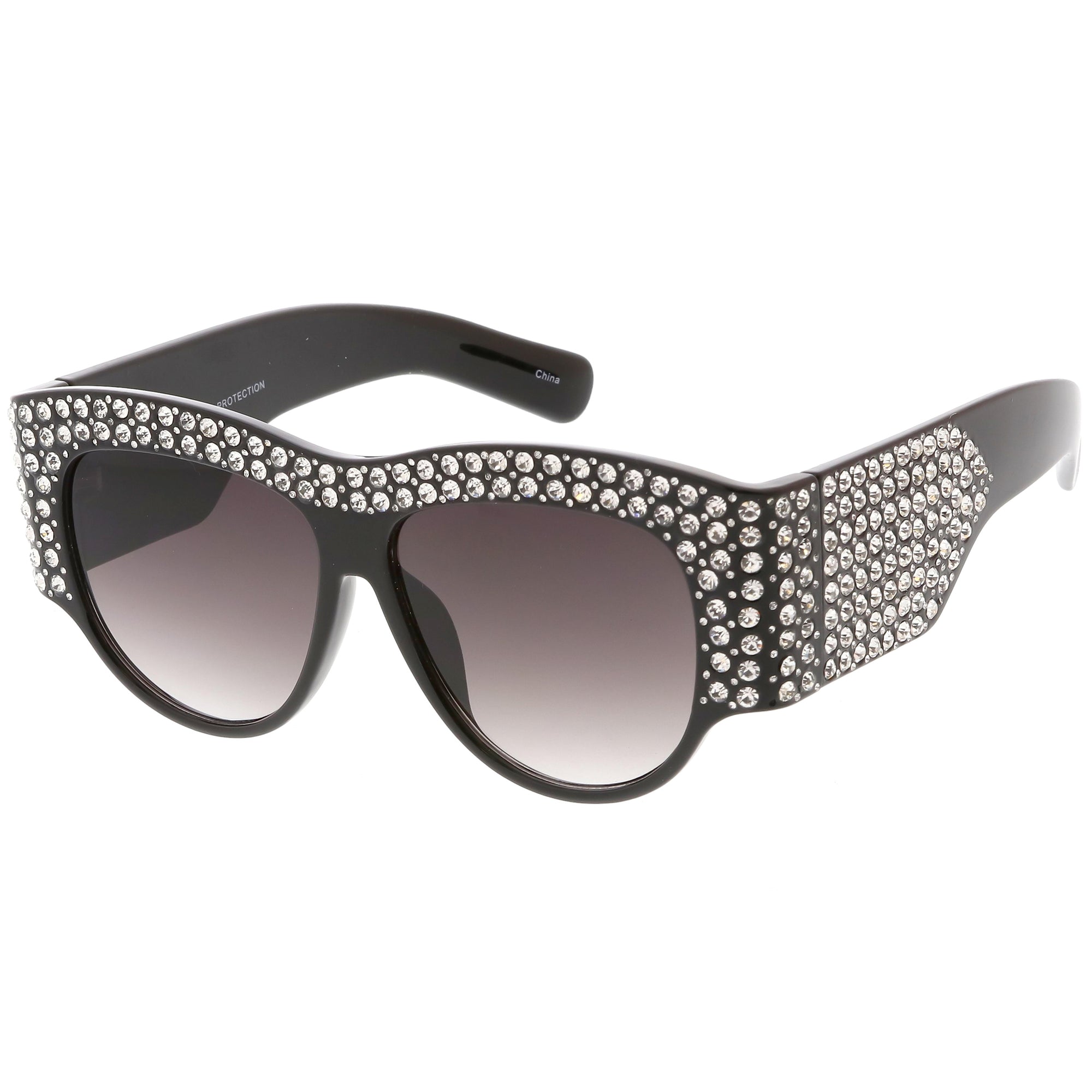 Women's Handcrafted Oversize Horned Rim Rhinestone Sunglasses - zeroUV
