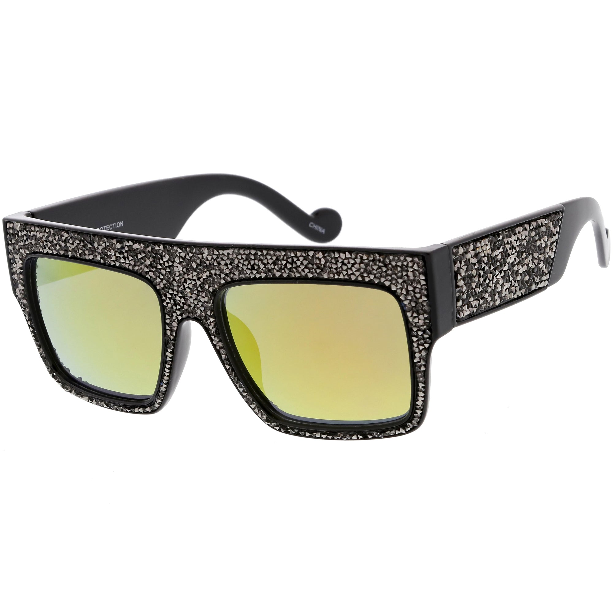 Women's Crystal Rhinestone Flat Top Mirrored Lens Sunglasses - zeroUV