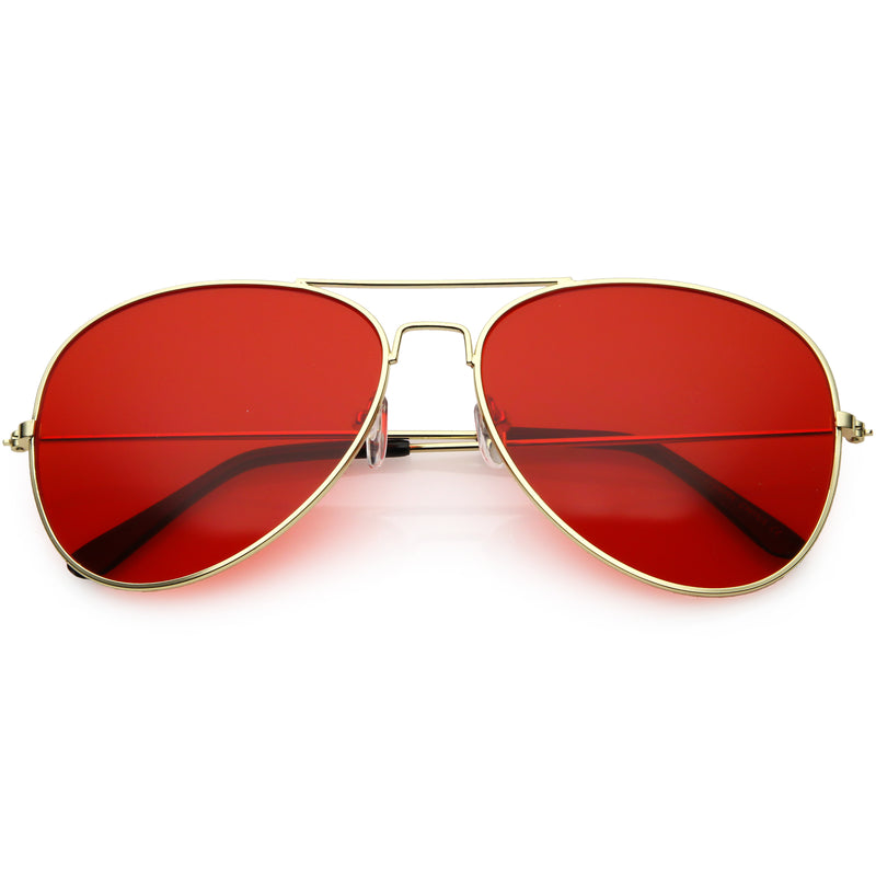 Retro Unisex Large Red Tinted Lens Metal Aviator Sunglasses Zerouv 