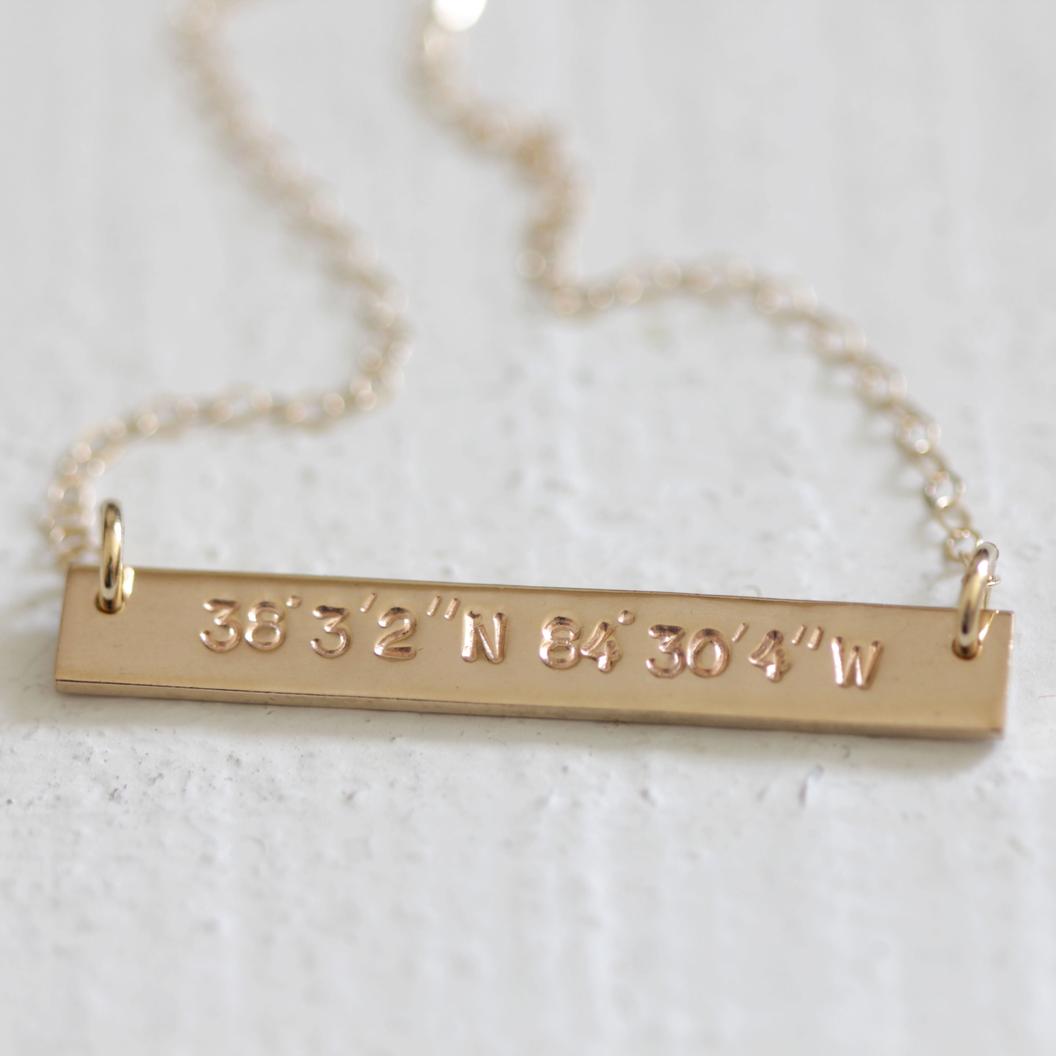 Latitude longitude gold bar necklace