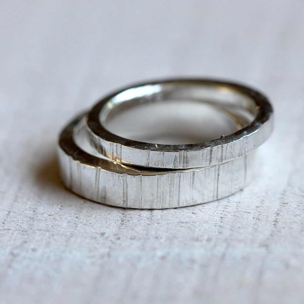 Tree bark wedding ring set