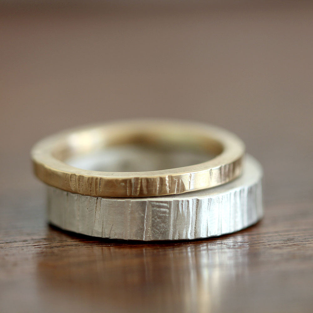 Wood Grain stacking  ring  set sterling silver  and gold  