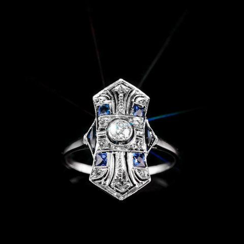 アール・デコ 18金 ダイヤモンド サファイヤ リング 指輪 - 英国アンティークス