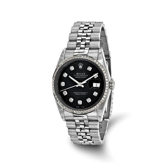 Pre-owned Independently Certified Men's Stainless Steel Datejust Jubilee with Black Diamond Dial and Diamond Bezel