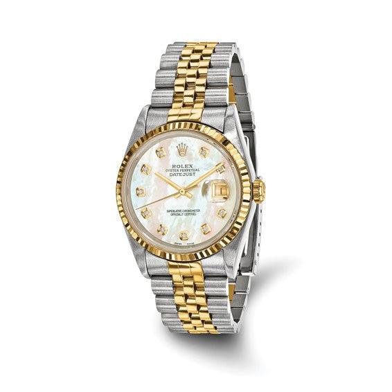 Pre-owned Independently Certified Men's Two-tone Datejust Jubilee with Mother of Pearl Diamond Dial and 18K Fluted Bezel