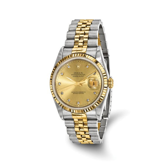 Pre-owned Rolex Independently Certified Men's Two-tone Datejust Jubilee with Champagne Diamond Dial and 18K Fluted Bezel