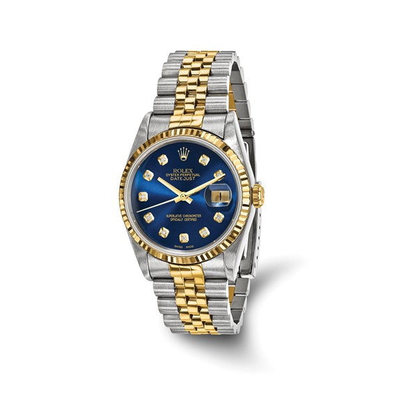 Pre-owned Independently Certified Men's Two-tone Datejust Jubilee with Blue Diamond Dial and 18K Fluted Bezel