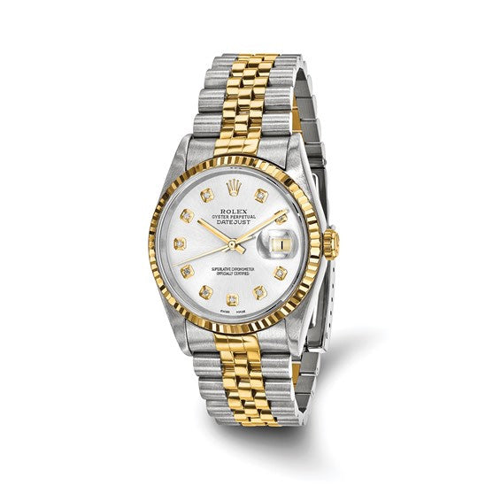Pre-owned Independently Certified Men's Two-tone Datejust Jubilee with Silver Diamond Dial and 18K Fluted Bezel