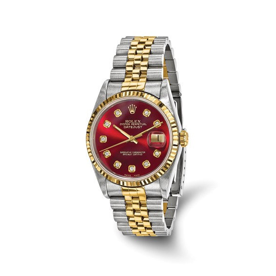 Pre-owned Independently Certified Men's Two-tone Datejust Jubilee with Red Diamond Dial and 18K Fluted Bezel