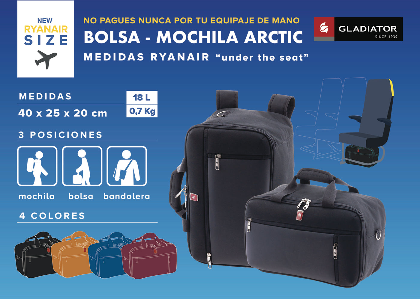 Bolso Mochila Viaje Gladiator Arctic Tamaño RyanAir (40x25x20cm) – Bolsos