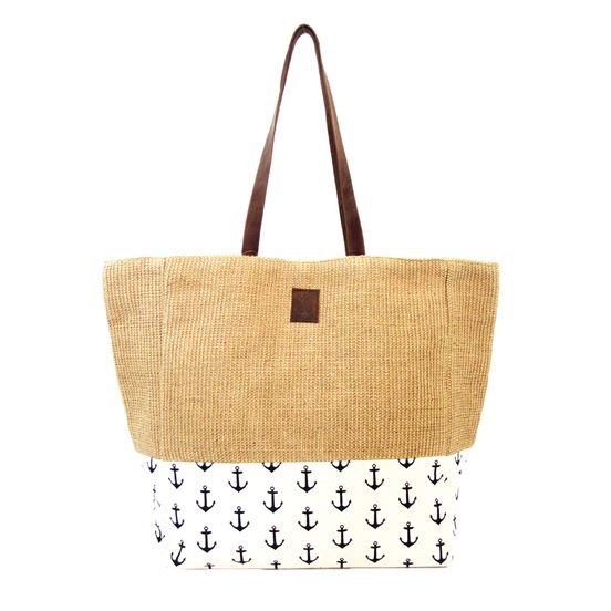 DEI 13182 White Anchor Jute Tote with Leather Handle