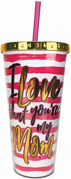 Spoontiques Mom Foil Cup w/Straw, 20 ounces, Pink