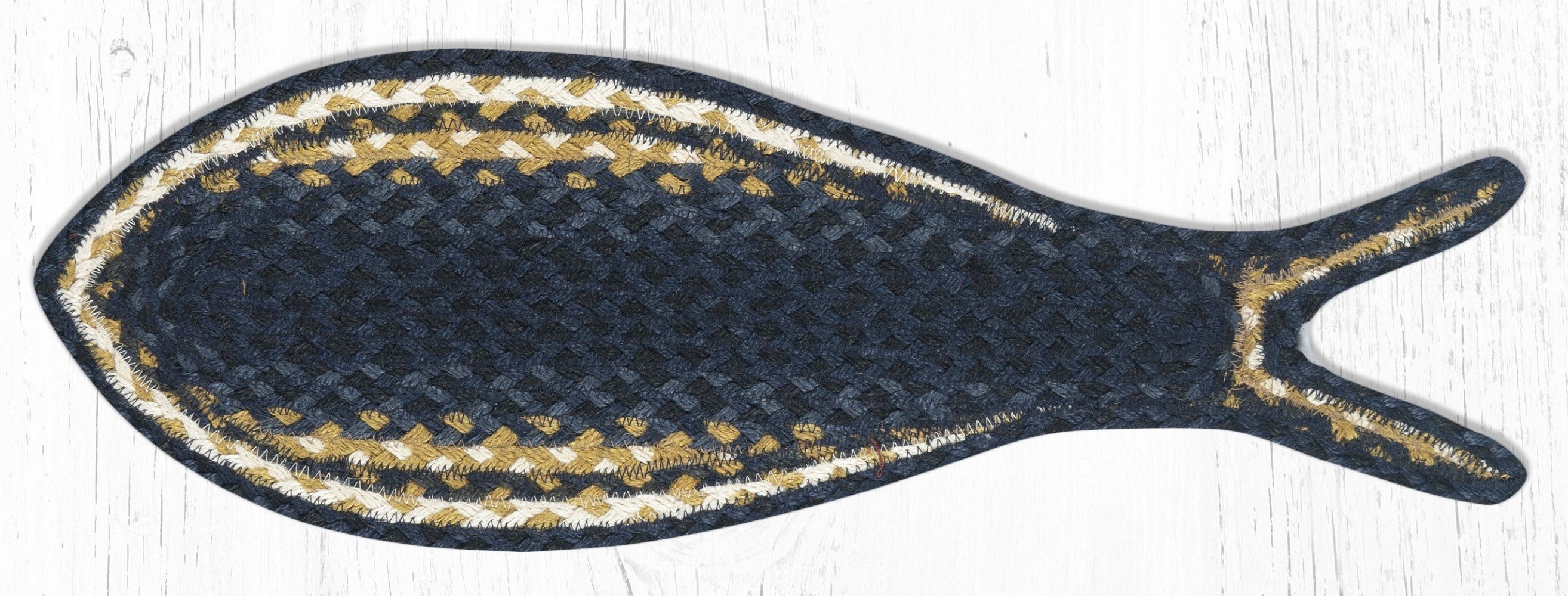 Earth Rugs鈩 FC-079 Light & Dark Blue/Mustard Fish Shaped Rug 9"x26"