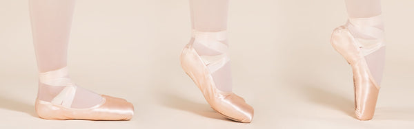 Feet wearing pointe shoes showing 3 steps of foot articulation