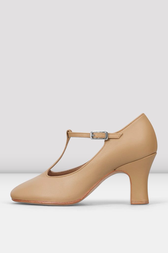 Ladies Chord T-Strap 3 inch Heel Character Shoes, Tan | BLOCH USA