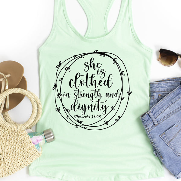 She is Clothed in Strength and Dignity Racerback Tank | Christian Tank | Wife Shirt | Proverbs 31:25 Tank, Mother's Gift