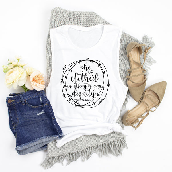 She is Clothed in Strength and Dignity Short Sleeve Shirt | Muscle Tank | Wife Shirt | Proverbs 31:25 Tee, Mother's Gift