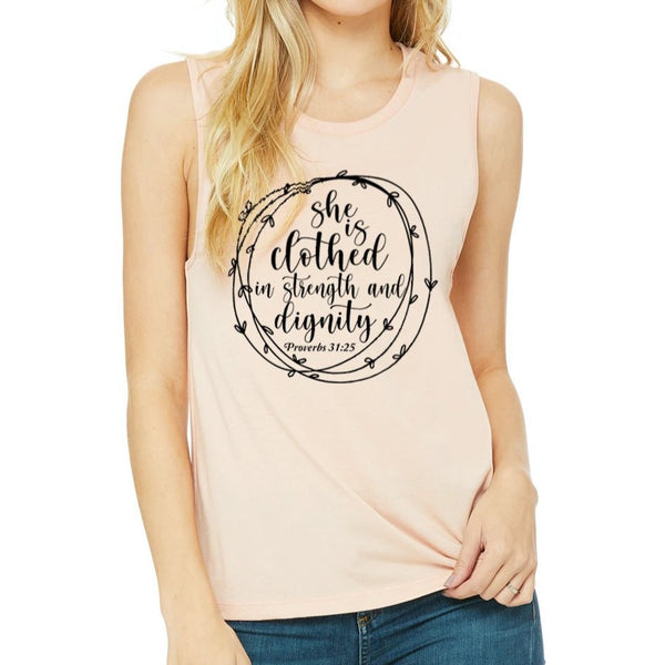 She is Clothed in Strength and Dignity Short Sleeve Shirt | Muscle Tank | Wife Shirt | Proverbs 31:25 Tee, Mother's Gift