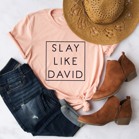 Slay Like David Women's Christian Graphic Tee T shirt | Bible Verse Shirts | Faith David & Goliath Shirt