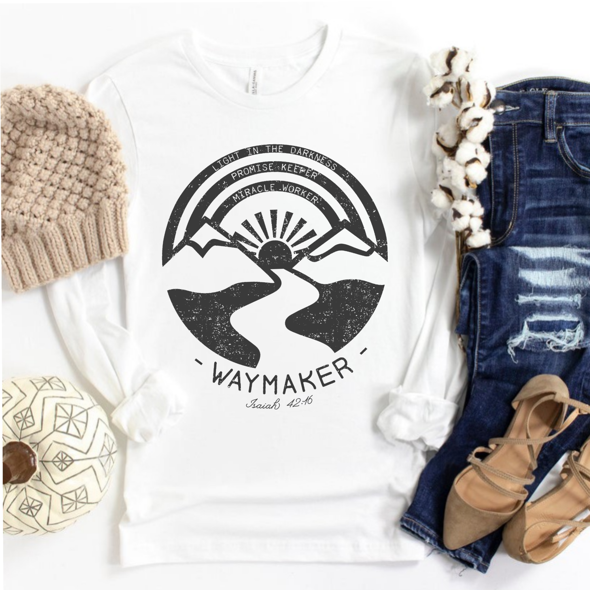Waymaker Miracle Worker Promise Keeper Christian Graphic Long Sleeve Tee | Faith T-shirt | Way Maker Shirt