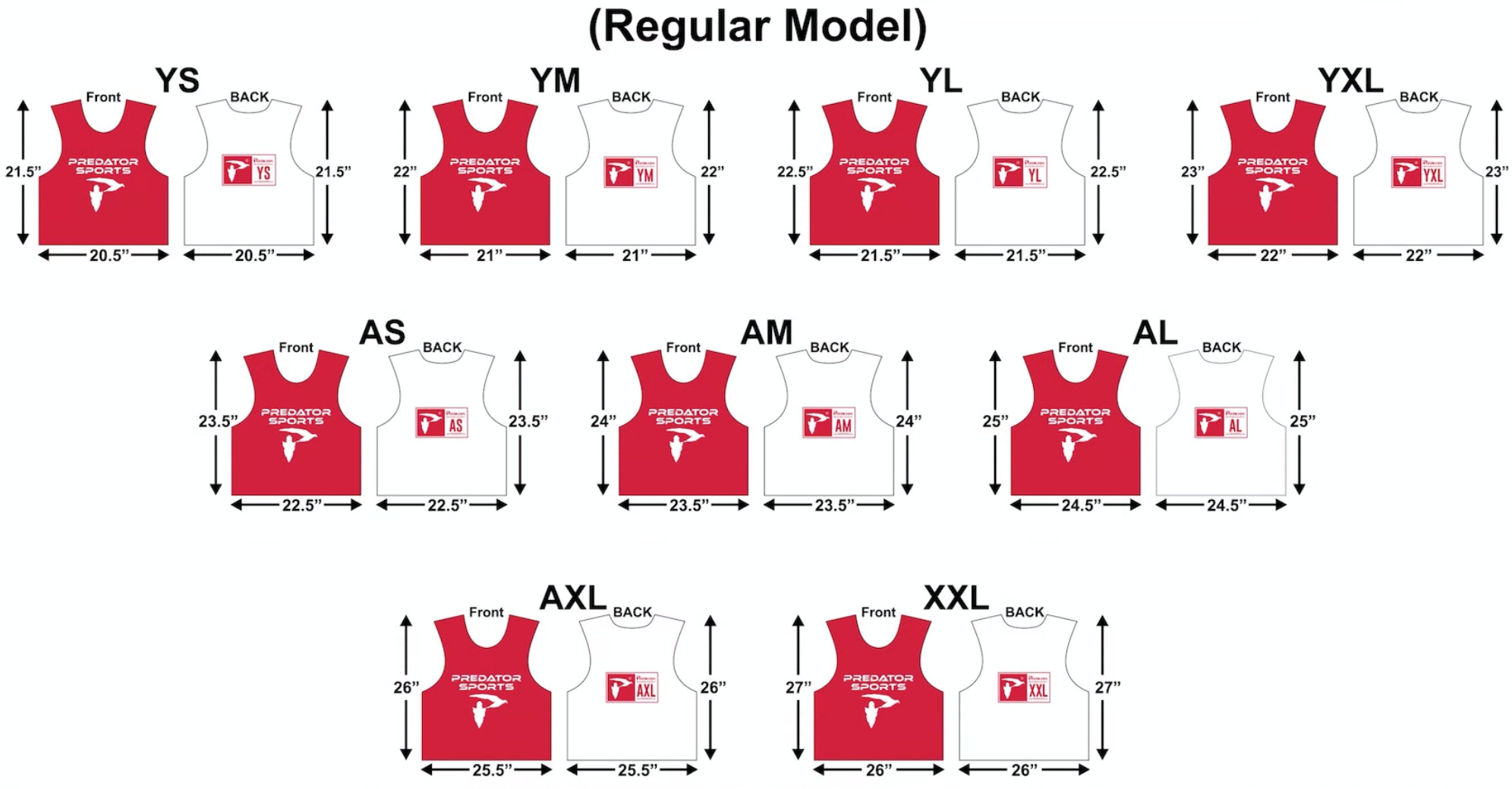 Predator Sports Custom Deluxe Lacrosse Pinnies Adult Sizing Guide