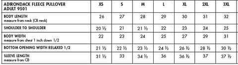 Product Measurement Chart