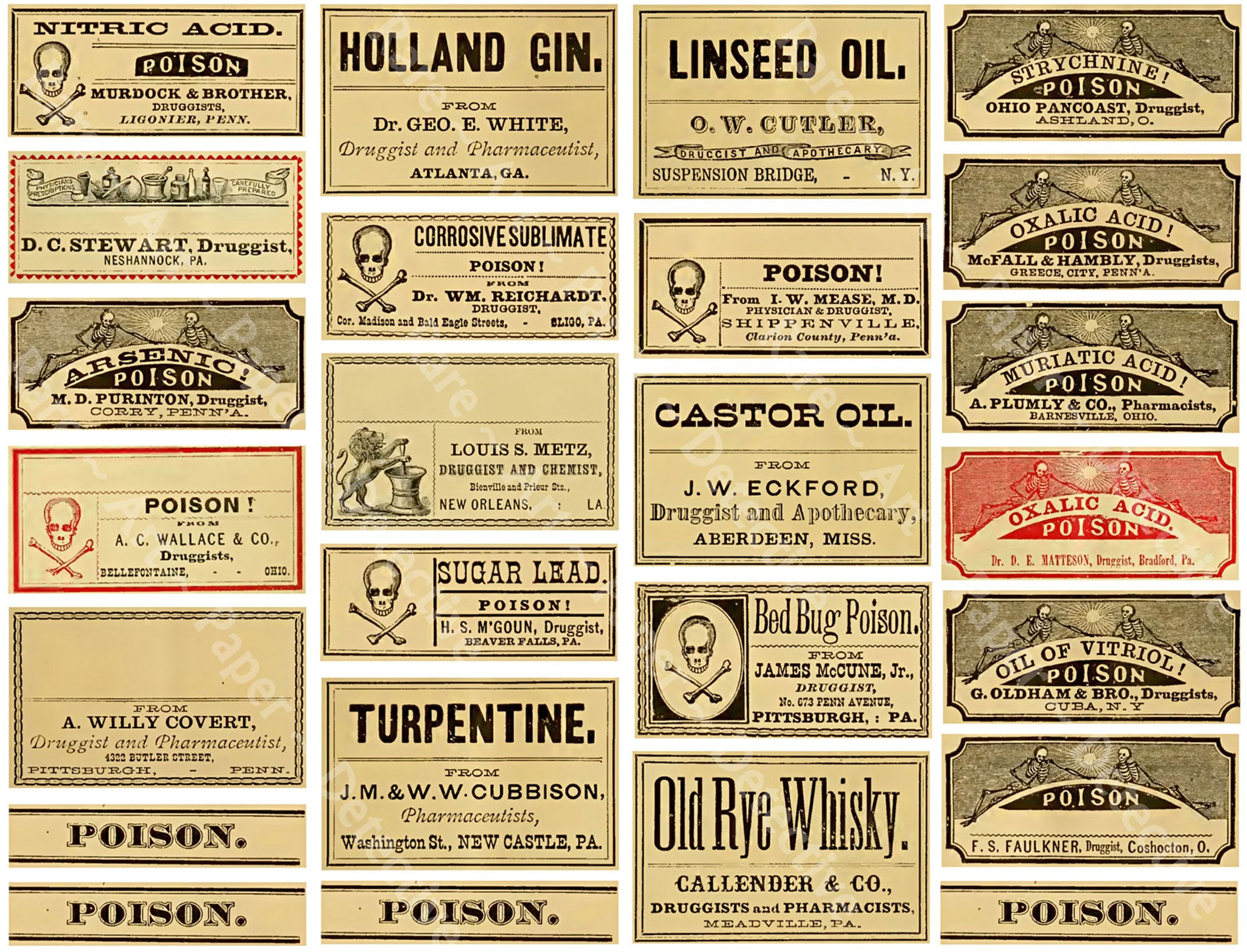 medicine poison bottle labels sticker sheet vintage