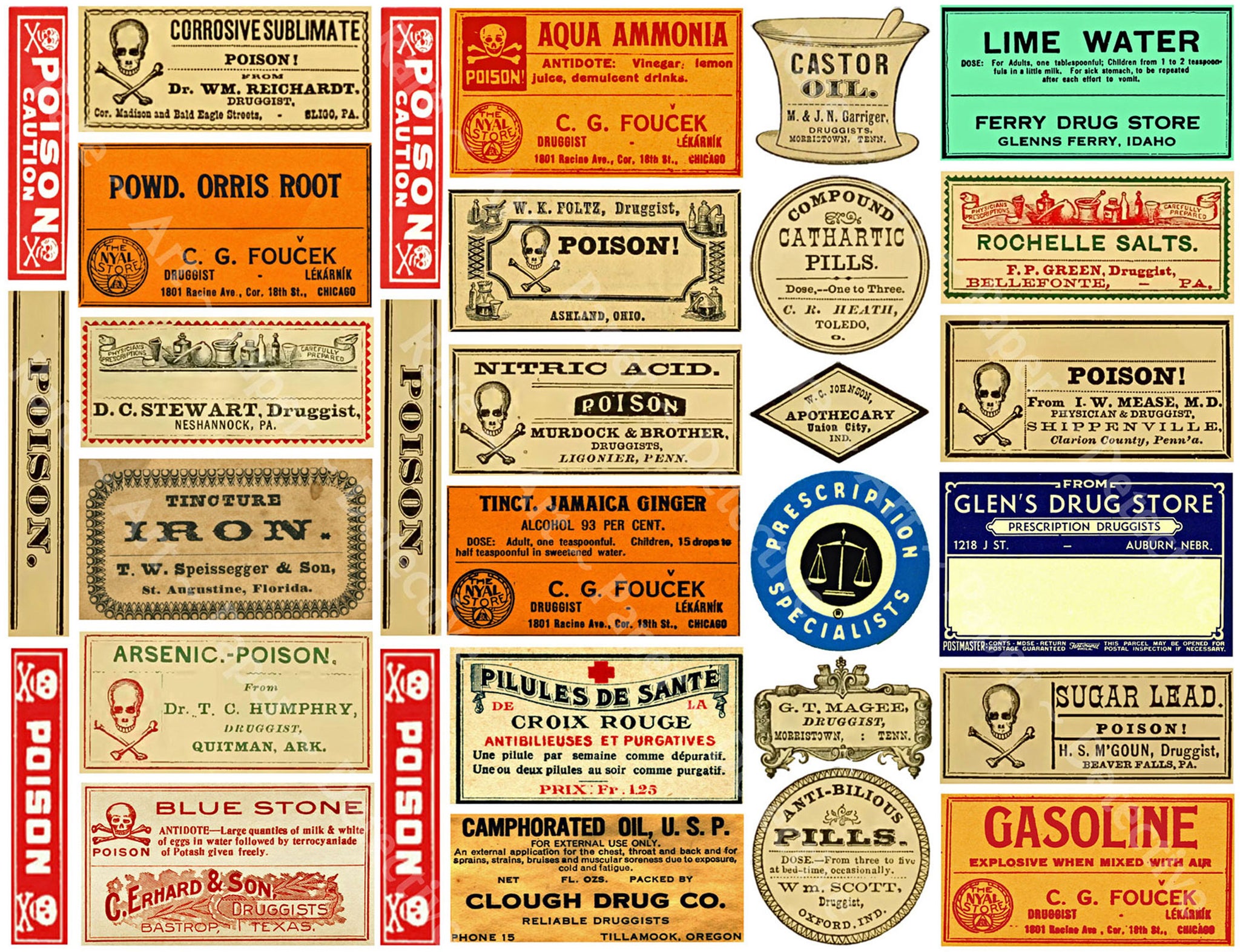 Druggist Poison Bottle Labels Sticker Sheet Vintage Medicine Pill Bo