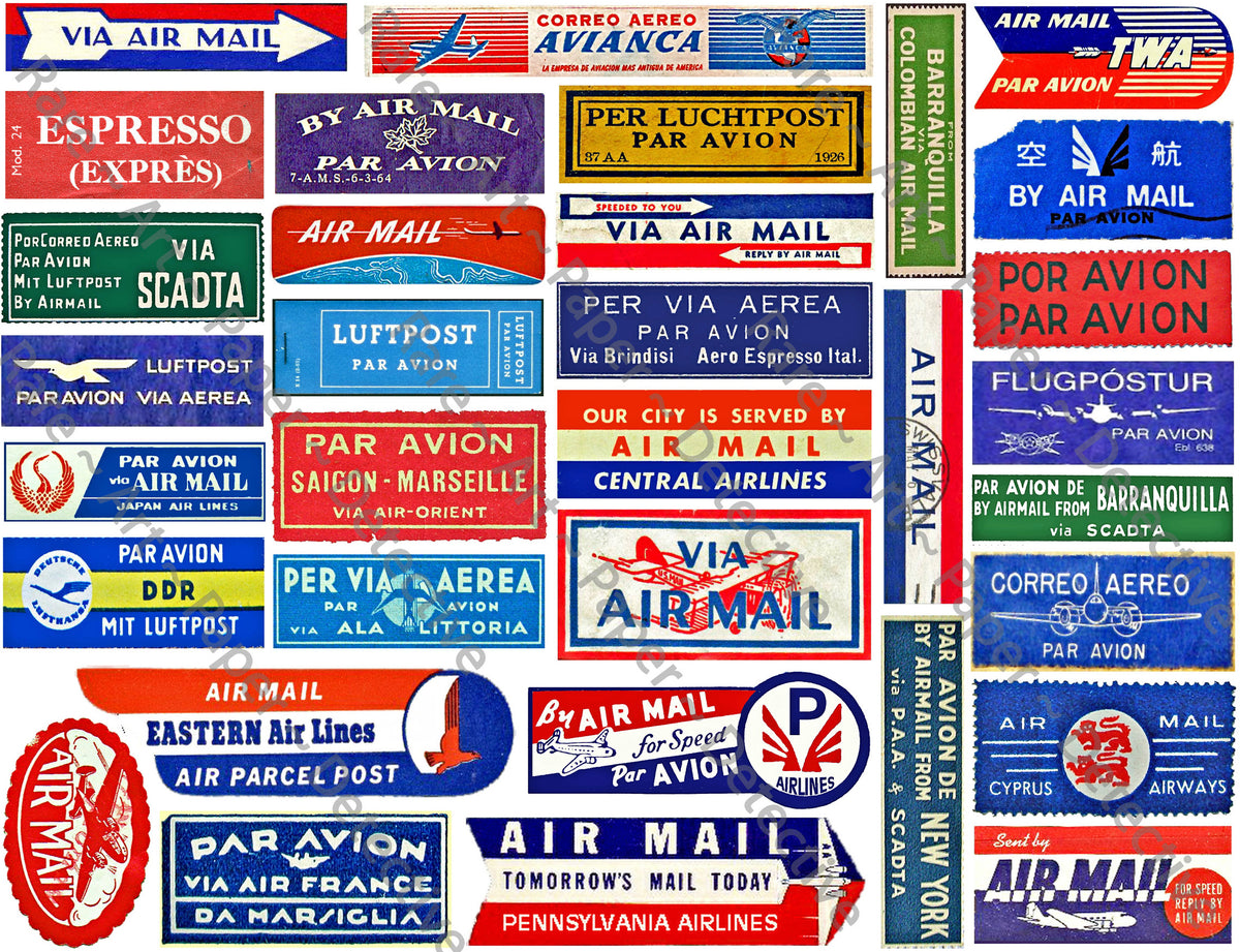Airmail Label Sticker Sheet, 33 Authentic Travel, Stationary & Journal ...